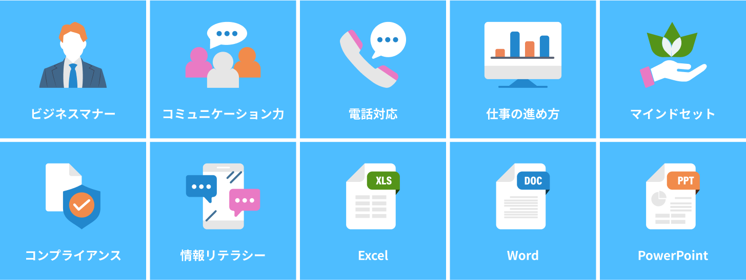 ビジネスマナー、コミュニケーション力、電話対応、仕事の進め方、マインドセット、コンプライアンス、情報リテラシー、Excel、Word、PowerPoint